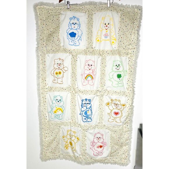 VTG Handmade Off White Care Bear Lace Quilt Blanket Double Sided Kids 29"x52" - Picture 2 of 9